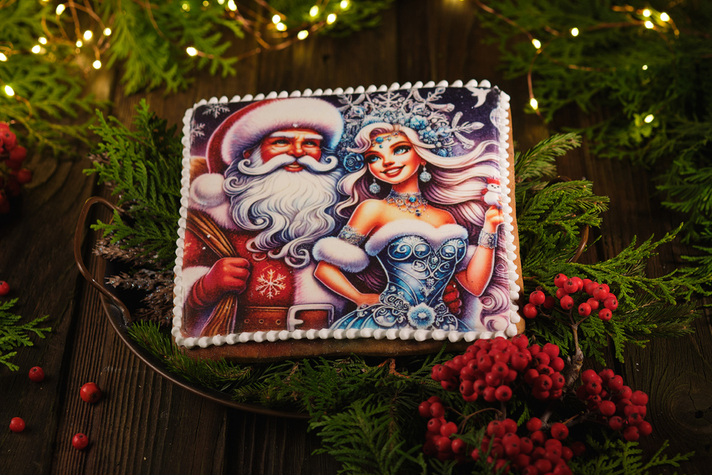 Пряник Открытка 1шт 450гр Дед мороз и Снегурочка 0 - фудмаркет «Ватрушка» Пряник Открытка 1шт 450гр Дед мороз и Снегурочка 0